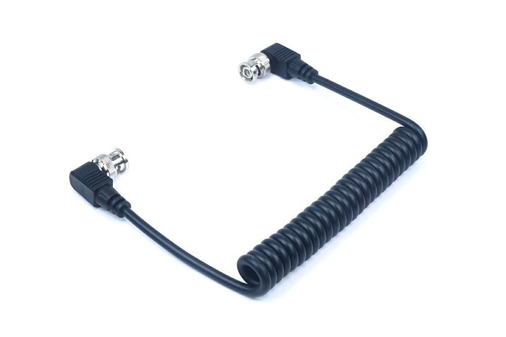 Coiled SDI cable with right angle connectors